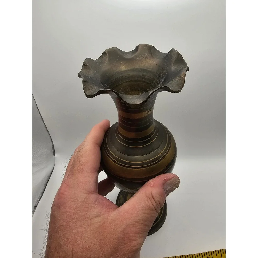 Vintage Etched Brass Vase Black Gold Floral Ruffled Rim Pedestal Base 10.5